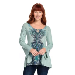 One World Printed Knit Bell Sleeve Embellished Tie-Neck Top