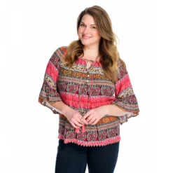 One World Printed Woven 3/4 Flutter Sleeve Button-up Keyhole Tie-Neck Top