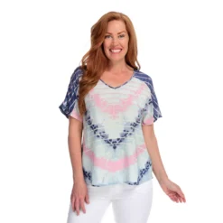 One World Knit & Woven Short Sleeve Button-up Back Tie-Dye Top