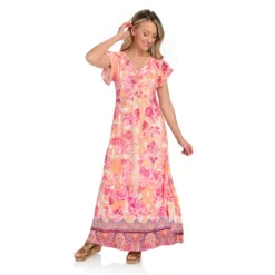 One World Brushed Terry Knit Short Tulip Sleeve Scoop Cage Neck Embellished Dress