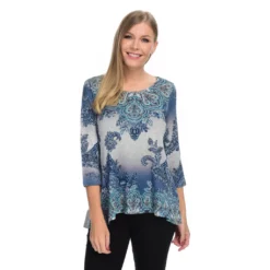 One World Printed Hacci Knit Long Sleeve Bustle Back Scoop Neck Sweater