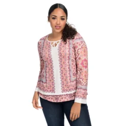 One WorldPrinted KnitLong Bell SleeveLadder Notch NeckTiered Top