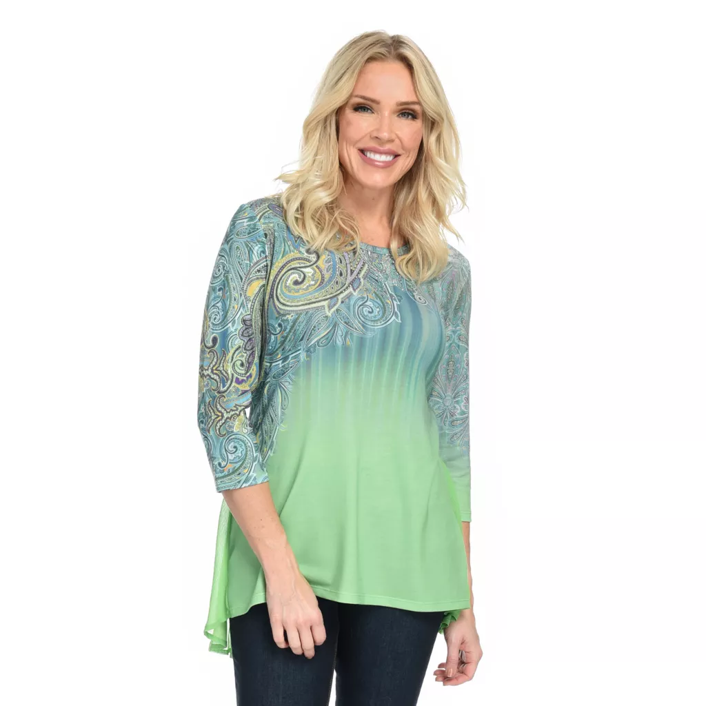 One WorldPrinted Knit3/4 SleeveBustle BackHi-Lo Top