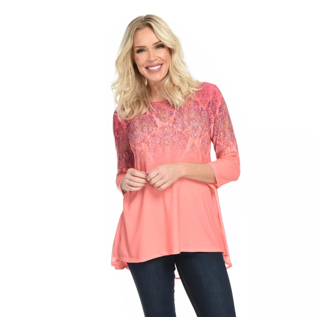 One WorldPrinted Knit3/4 SleeveBustle BackHi-Lo Top - Image 2