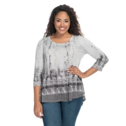 One World Printed Sweater Knit 3/4 Sleeve Beaded Neck Hi-Lo Top