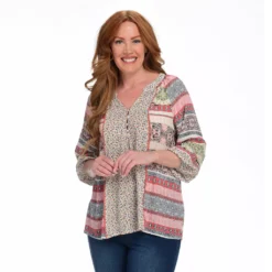 Farmers Marketby One WorldMulti Print 3/4 Sleeve Henley Top