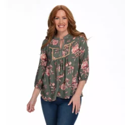 Farmers Marketby One WorldFloral Printed 3/4 Sleeve Bib Tassel Top
