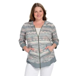 One WorldAthleisurePatterned Knit 3/4 SleeveZip Front Hoodie