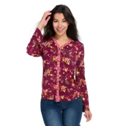 Farmers Market By One World Long Tab Sleeve V-Neck Print Button Top