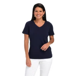 Short Sleeve Top-Stitch Solid V-Neck Missy Tee