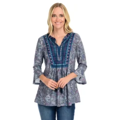 Farmers Marketby One World Printed Knit Velvet Bib Bell Sleeve Top