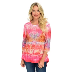 One WorldPrinted Knit 3/4 SleeveSplit Back Embellished Tunic