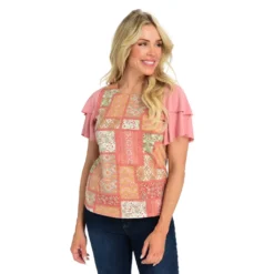 Patchwork PrintFlutter SleeveCrew NeckTop