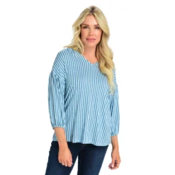Vertical Stripe Blouson Sleeve V-Neck Top