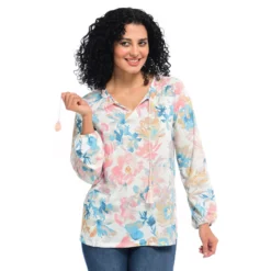 Printed Long Sleeve Tie Neck Top