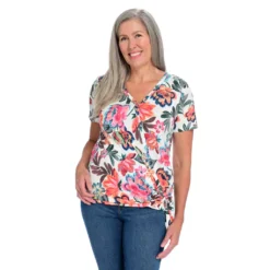 Artistic Floral Print V-Neck Wrap Top