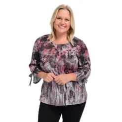 Printed 3/4 TieSleeve Cozy KnitCrewneck Top