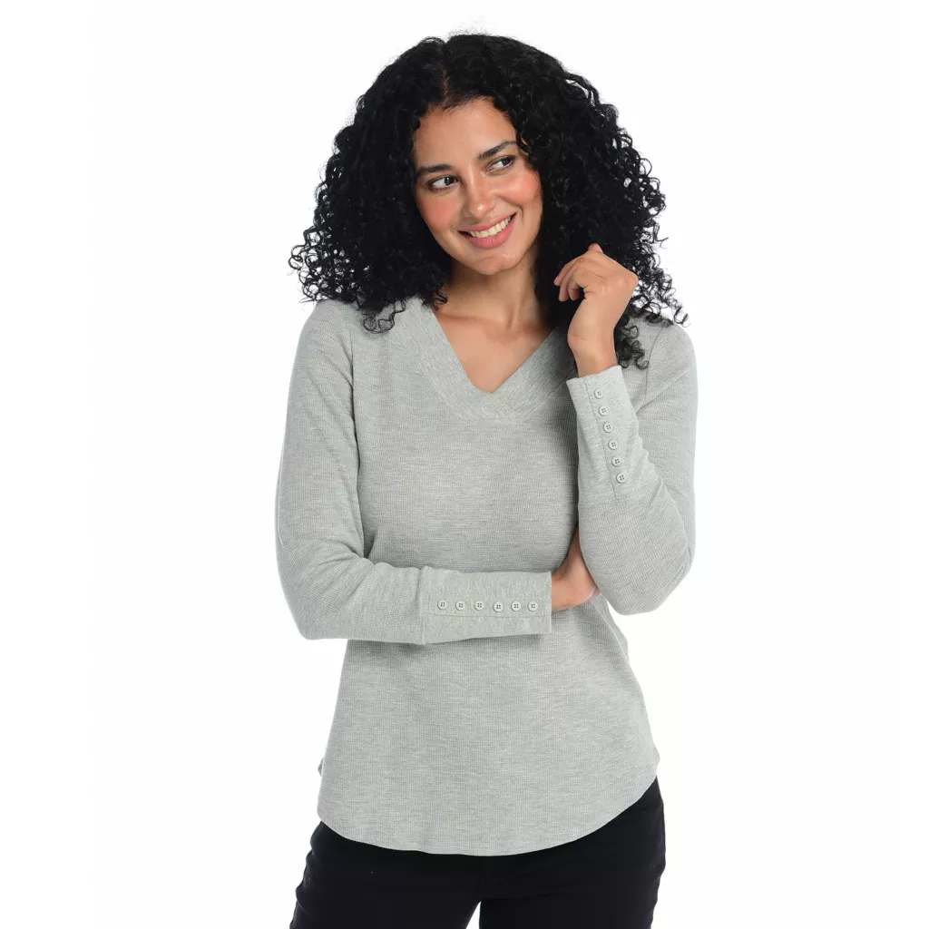 Long SleeveButton Cuff V-NeckThermal Tee - Image 5