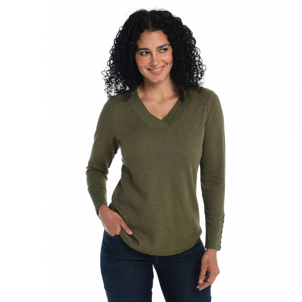 Long SleeveButton Cuff V-NeckThermal Tee - Image 3