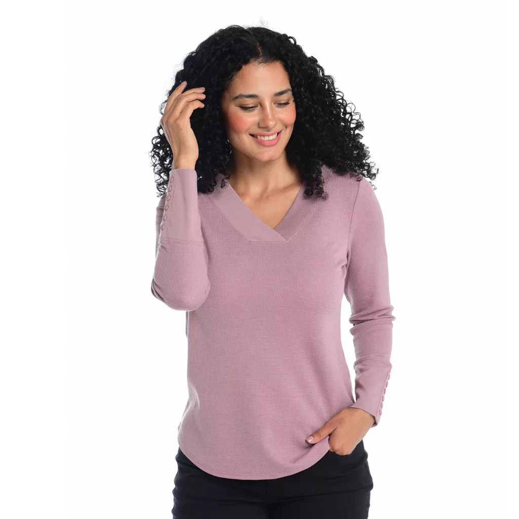 Long SleeveButton Cuff V-NeckThermal Tee - Image 2