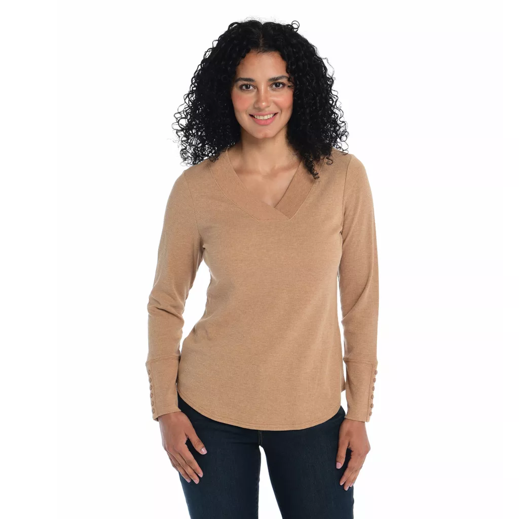 Long SleeveButton Cuff V-NeckThermal Tee - Image 4